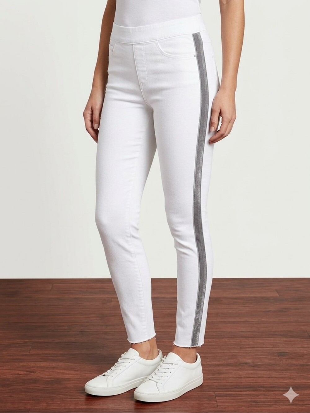 SPANX White Skinny Jeans Gray Side Stripe Raw Hem Pull On Pants Size Medium